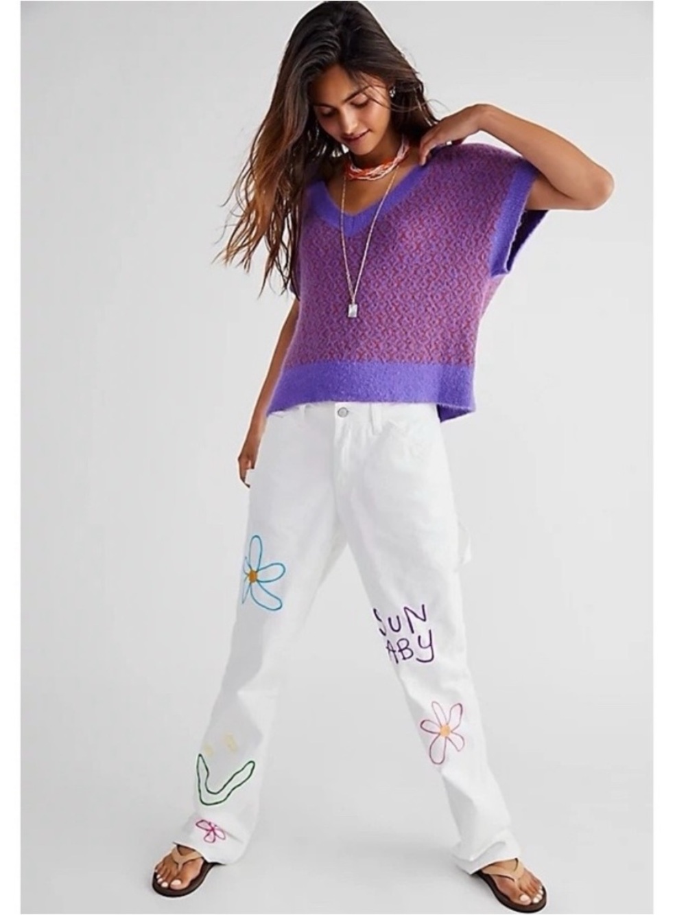 Free People Lavender and Orange V-Neck Sweater Vest Through the Motions